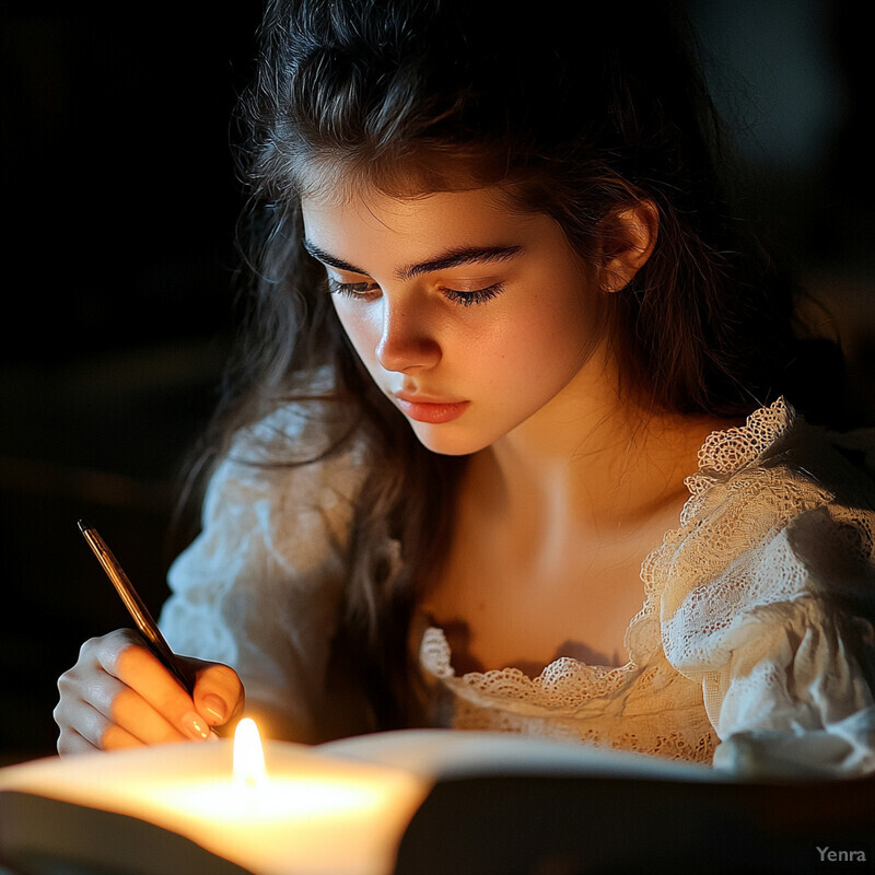 A young woman writes by candlelight, surrounded by an atmosphere of quiet contemplation and creativity.