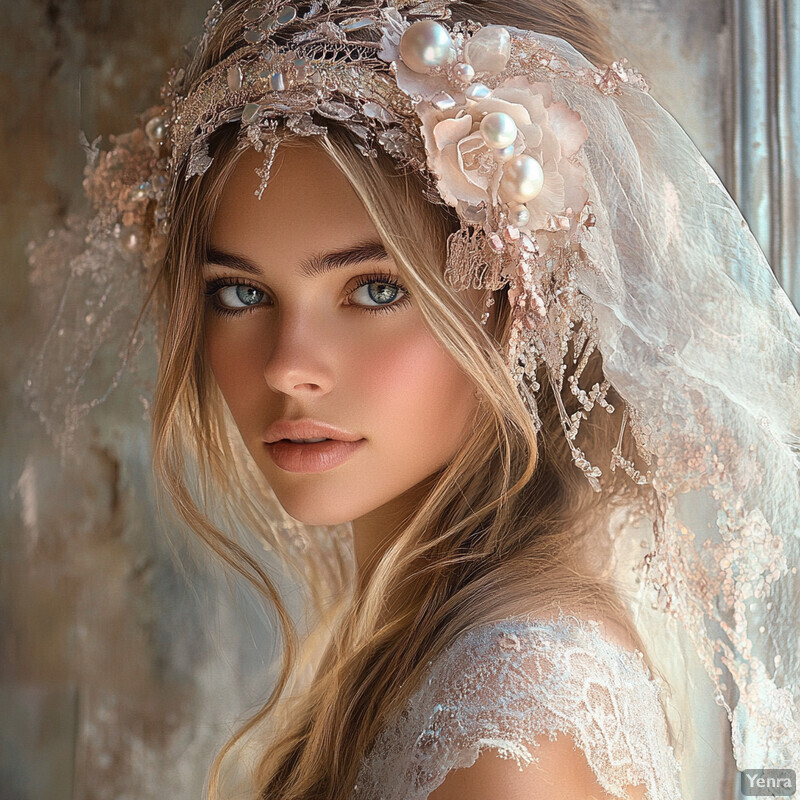 A young woman with blonde hair and blue eyes wears an elegant headpiece and veil, posing in front of a blurred background.