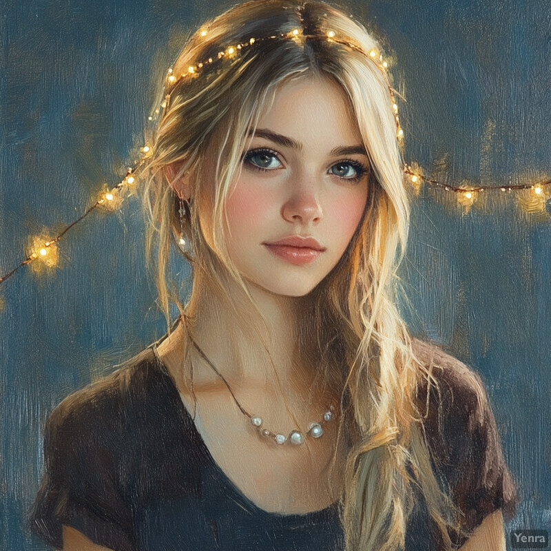 A young woman with long blonde hair and blue eyes, adorned with string lights in her hair, standing against a gray wall or backdrop.