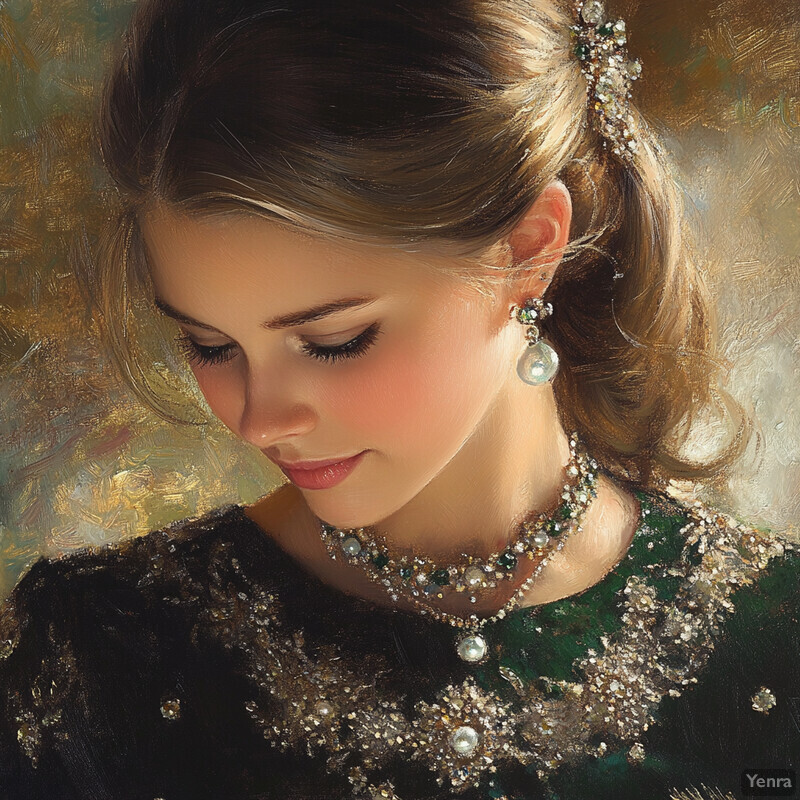 A young girl with blonde hair and a dark-colored dress, lost in thought