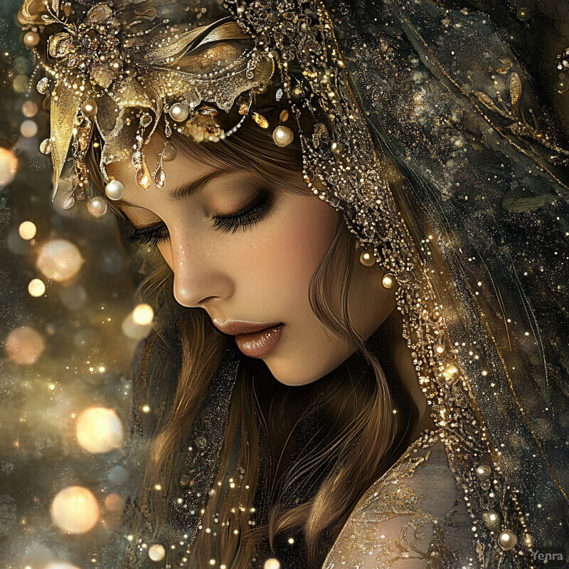 A woman with long brown hair and a veil adorned with pearls and gold accents, wearing a shimmering dress or gown.