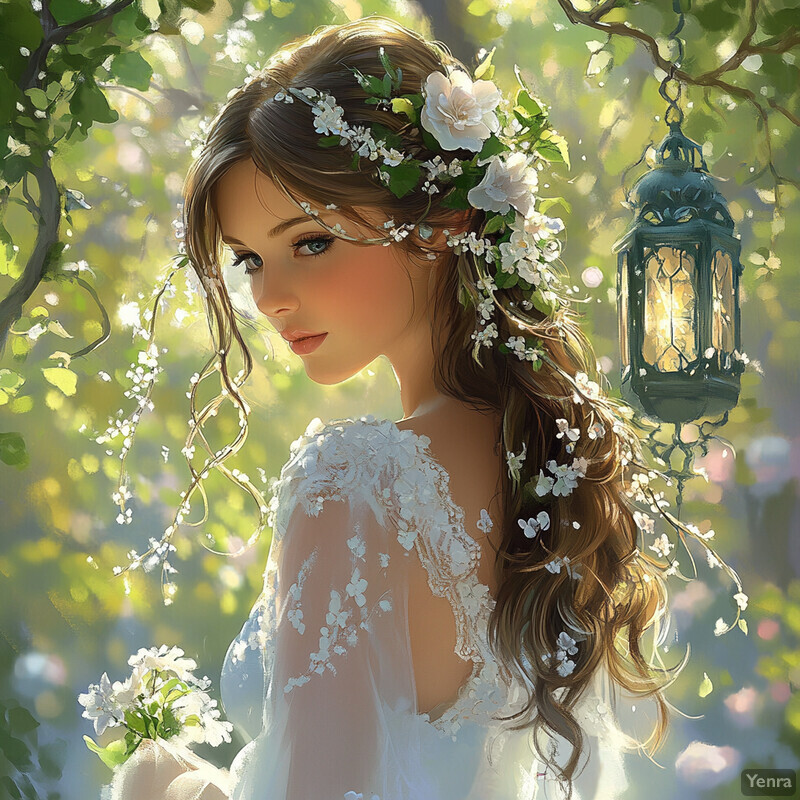 A young woman in a white dress with long brown hair adorned with white flowers and green leaves