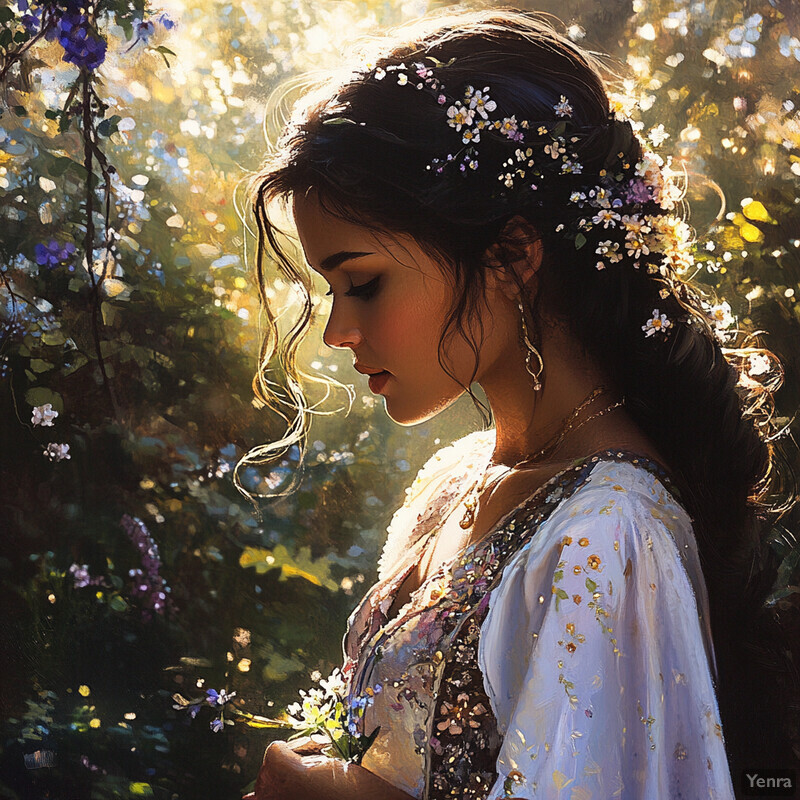 A serene and idyllic scene of a woman surrounded by lush greenery and vibrant flowers