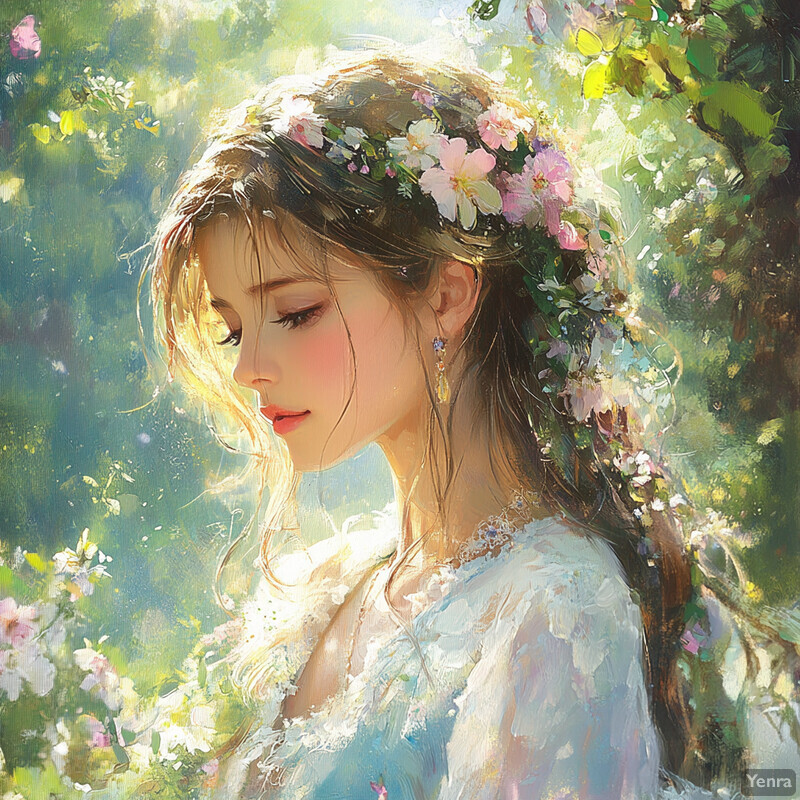 A serene oil painting of a young woman in a white dress surrounded by lush greenery