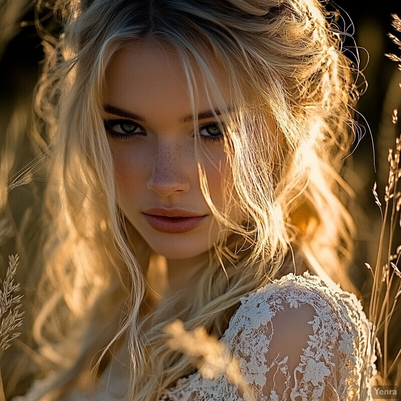 A young woman with long blonde hair and blue eyes poses for a photograph in a garden or park setting.