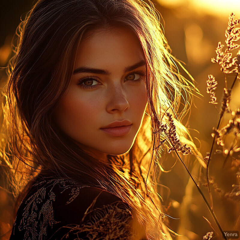 A woman stands in a field of tall grass and wildflowers, gazing off into the distance.