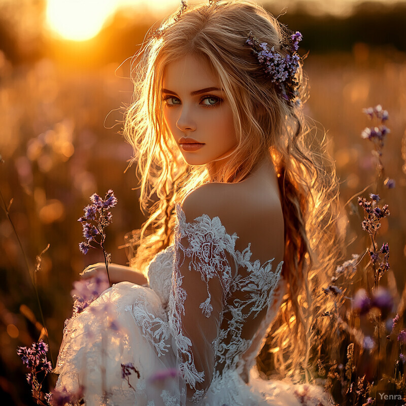 A young woman posing in a wedding gown surrounded by flowers at sunset.