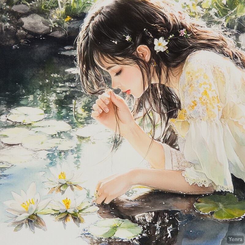 A woman sits by a pond, surrounded by lush greenery and vibrant flowers.