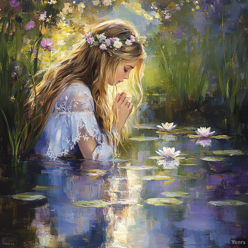 A serene and idyllic scene of a woman kneeling in a pond surrounded by lush greenery