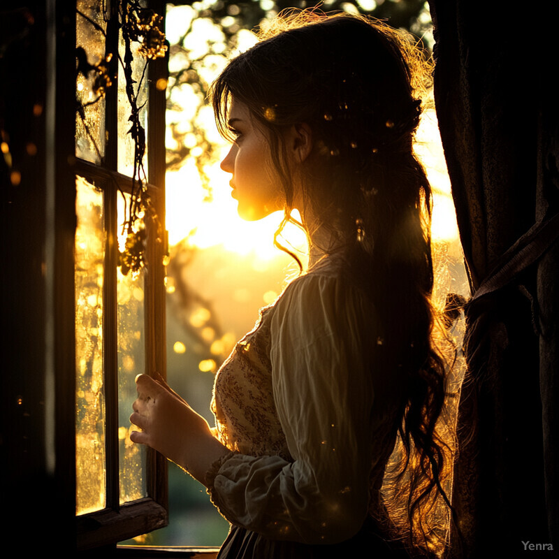 A young woman stands in front of a window, gazing out at the sunset.