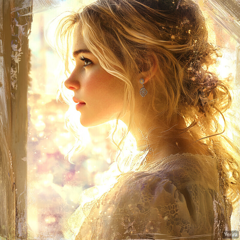 A woman with long blonde hair looks out of a window or doorway, wearing an off-white lace top and dangling earrings.