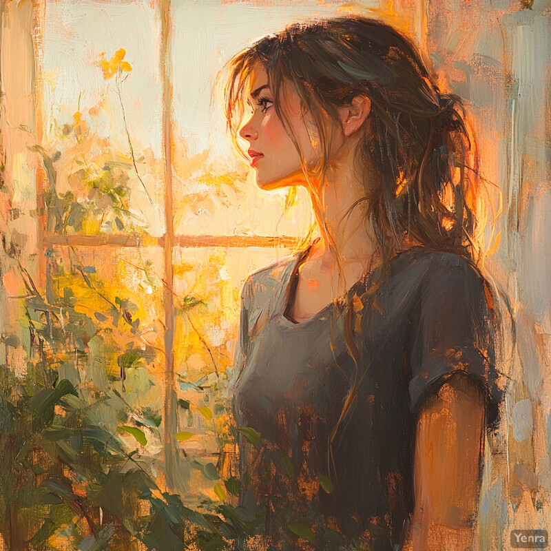 An oil painting of a woman standing in front of a window, gazing out at the greenery outside.