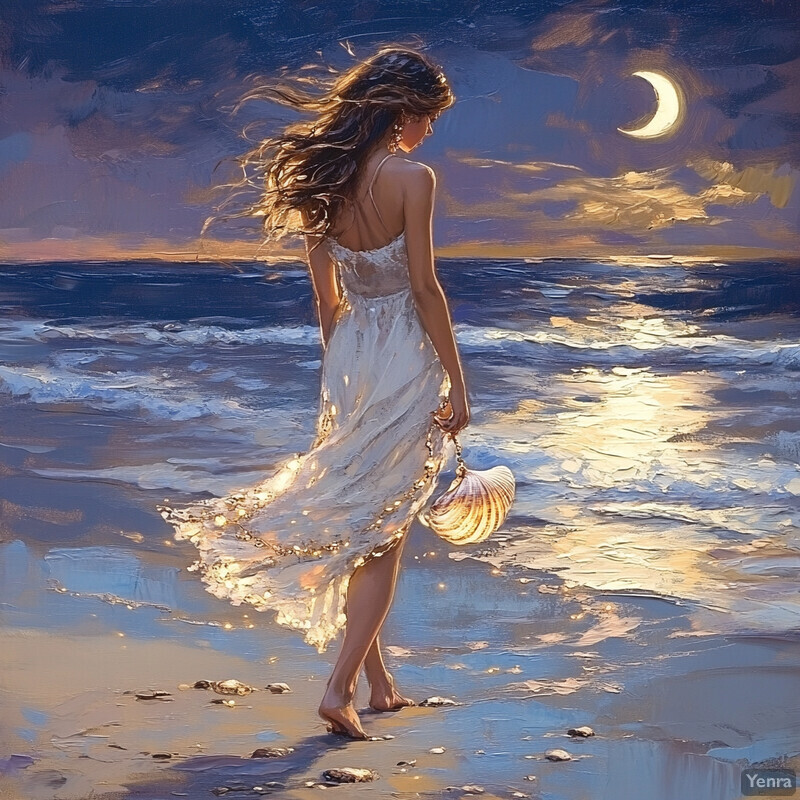 A woman stands on the beach at night, gazing out at the ocean in a flowing white dress.