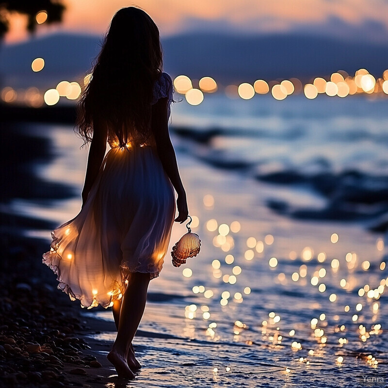 A woman walking along the shoreline at dusk or dawn, holding an ornate seashell lantern.