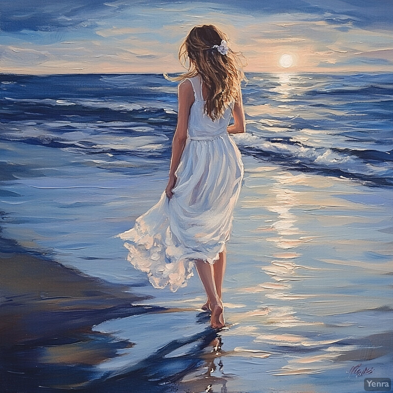 A woman walks on the beach at sunset, surrounded by a warm and peaceful atmosphere.