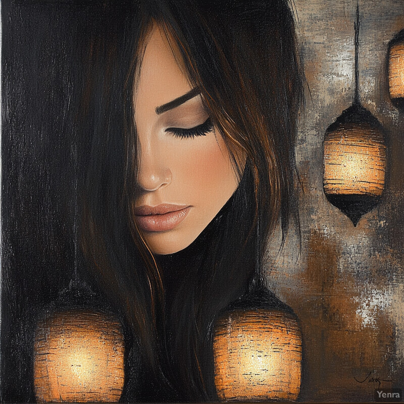 A serene painting of a woman surrounded by glowing lanterns