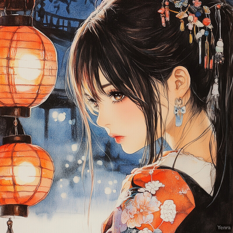 A serene and elegant scene featuring a woman in traditional Japanese attire surrounded by lanterns and subtle blue hues.