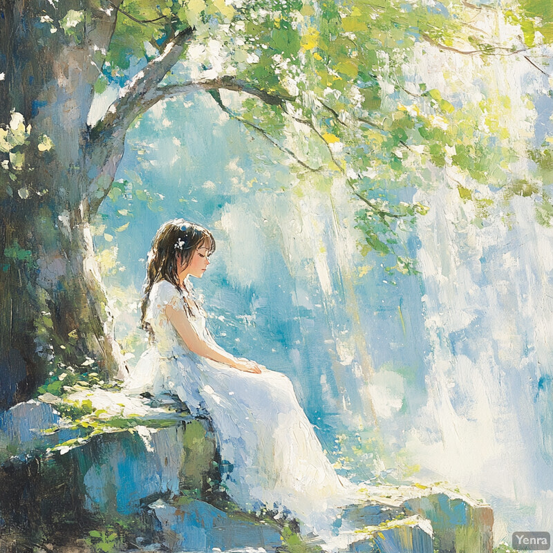 A woman sits on a rock under a tree, surrounded by lush greenery, exuding a sense of tranquility and contemplation.