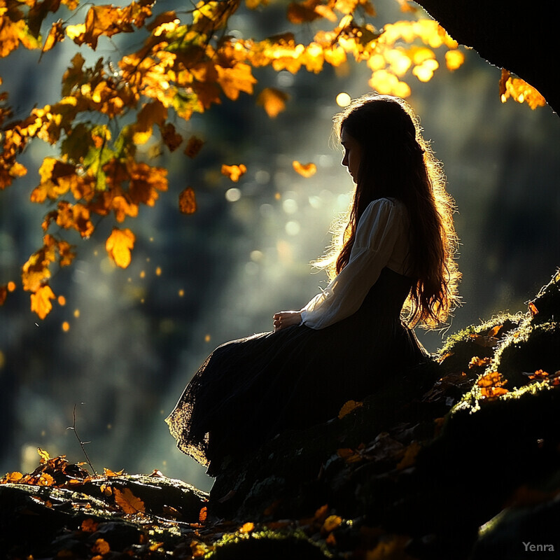 A young woman sits on a moss-covered rock in an outdoor autumn setting, surrounded by vibrant colors.