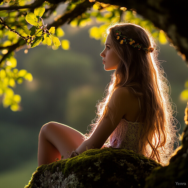 A young woman sits on a moss-covered rock, surrounded by lush greenery and bathed in warm sunlight.