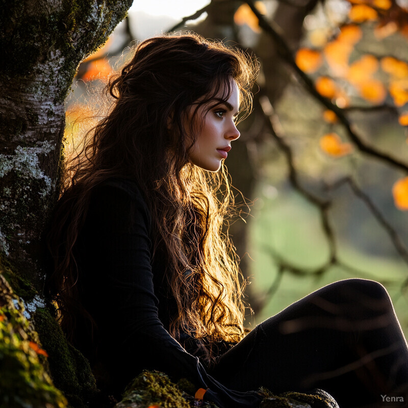 A serene and contemplative scene of a woman sitting in a tree, surrounded by lush greenery.