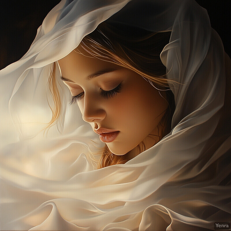 A serene and contemplative scene of a woman with her eyes closed, surrounded by flowing white fabric.