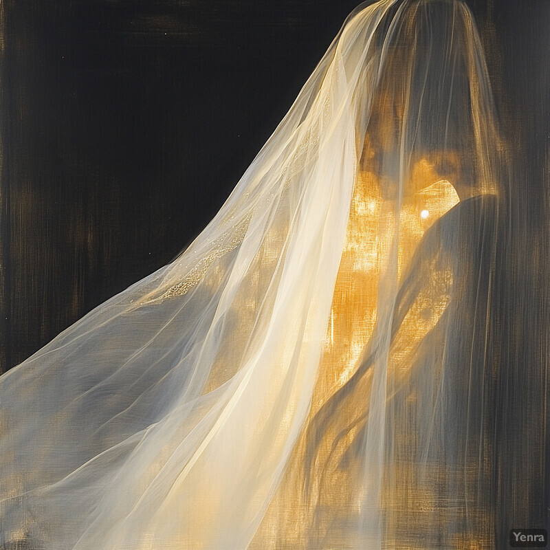 A woman with her face obscured by a flowing white veil, dressed in a formal gown, set against a dark background with subtle gold tones.