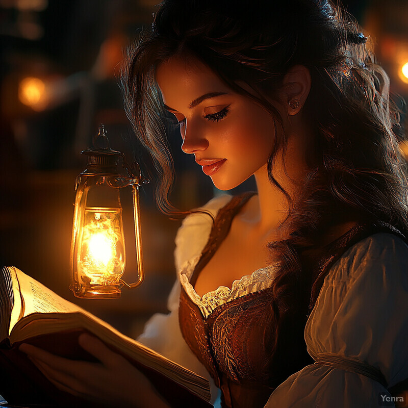 A woman reads a book by the light of a lantern