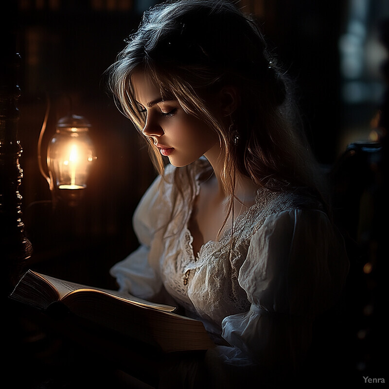 A young woman reads a book by candlelight in a dimly lit room