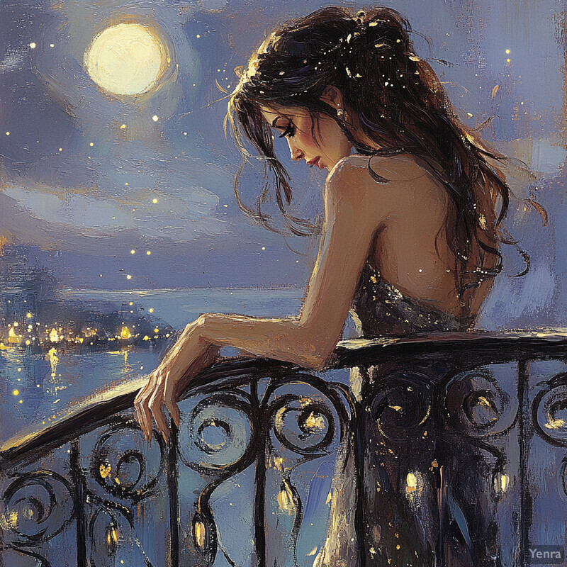 A woman stands on a balcony, gazing out at the cityscape below, exuding poise and sophistication.