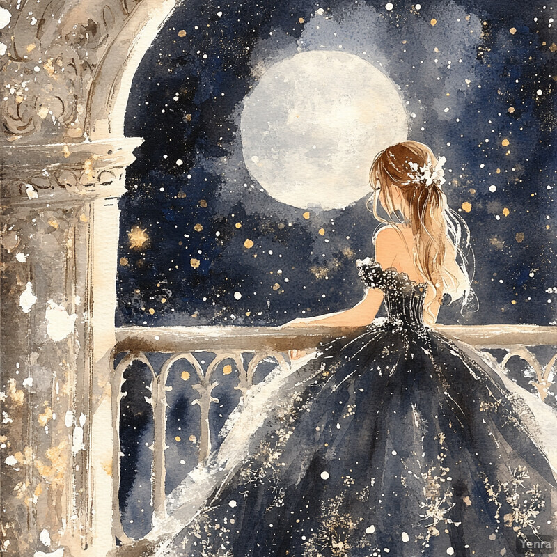 A woman stands on a balcony, gazing out at the night sky