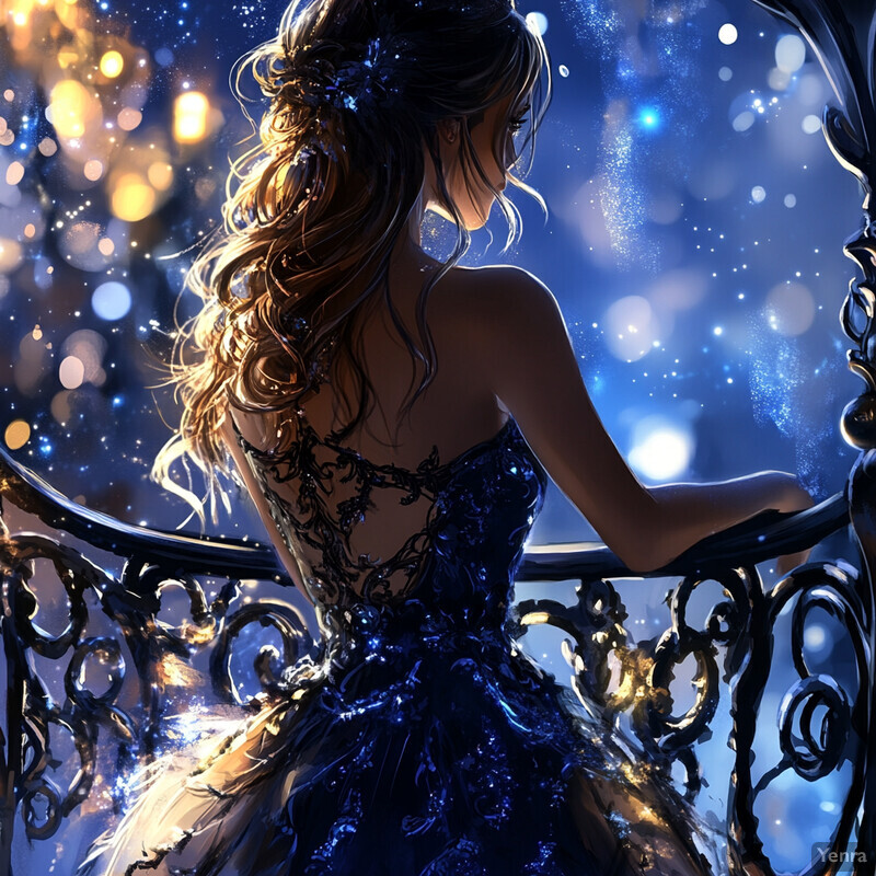 A woman stands on a balcony, gazing out at an unseen view, dressed in a stunning royal blue ballgown with intricate lace details.