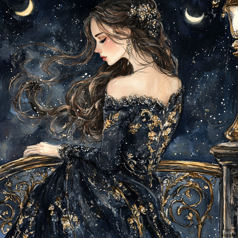 A woman sits on a balcony at night, surrounded by stars and crescent moons in the sky