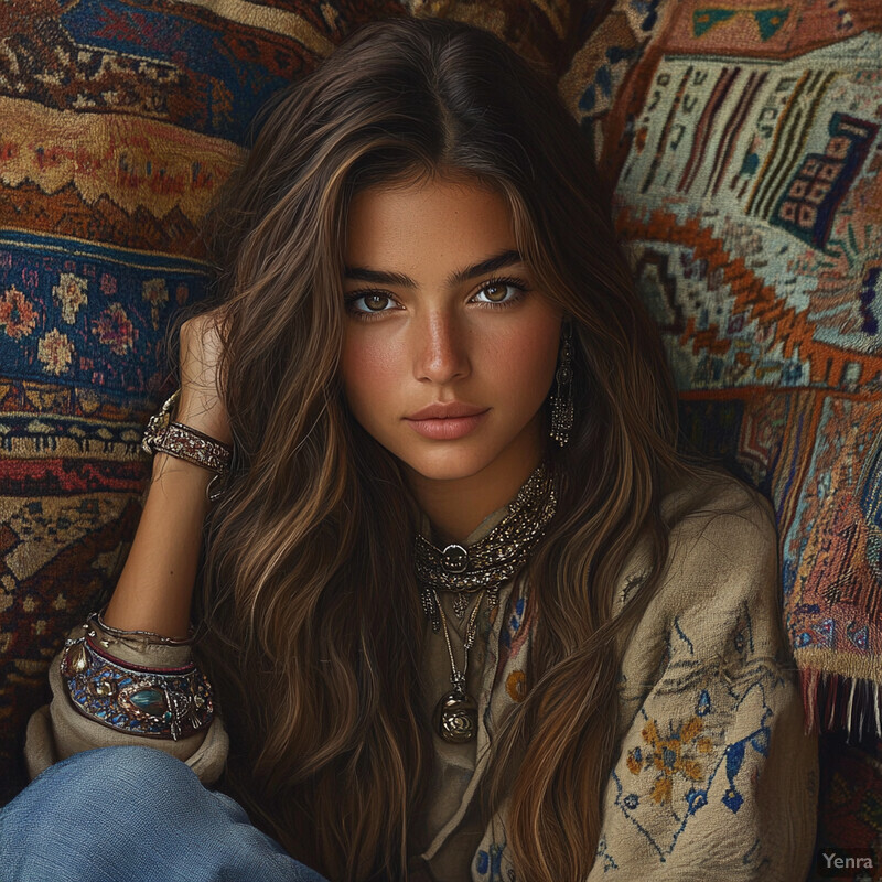 A woman in a bohemian-inspired outfit sitting on a rug or blanket with intricate patterns and colors, conveying a sense of calmness and serenity.