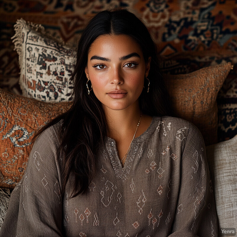 A young woman sitting on a couch or chair in front of a patterned rug, exuding a sense of calm and relaxation.