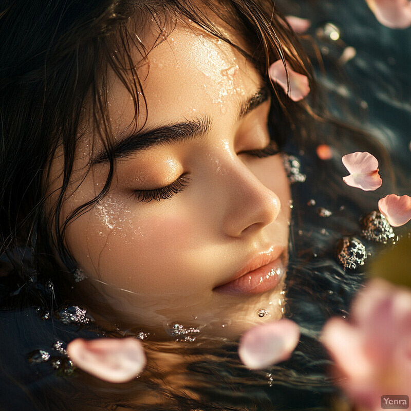 A serene and ethereal scene of a woman floating in water, surrounded by pink flower petals