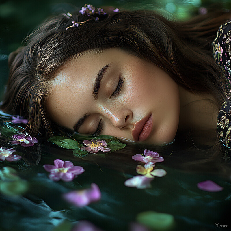 A serene image of a woman sleeping in water surrounded by flowers.