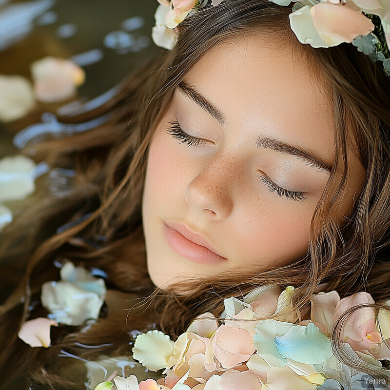 A young girl with long brown hair and closed eyes surrounded by rose petals floating on the water's surface, exuding a sense of tranquility and calmness.