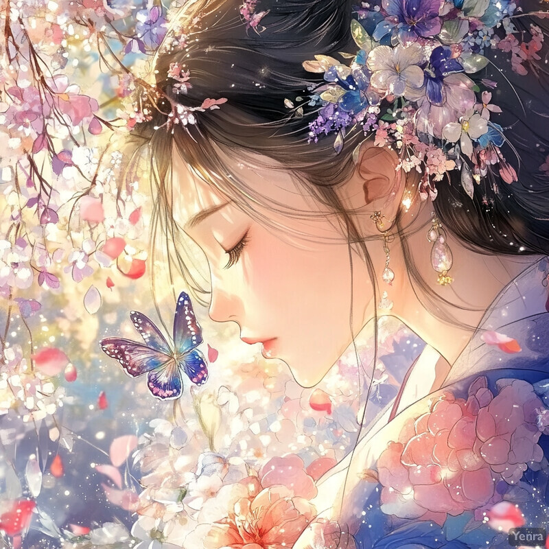 A serene and dreamy scene of a woman with dark hair adorned with flowers in her hair, surrounded by delicate cherry blossoms and butterflies.