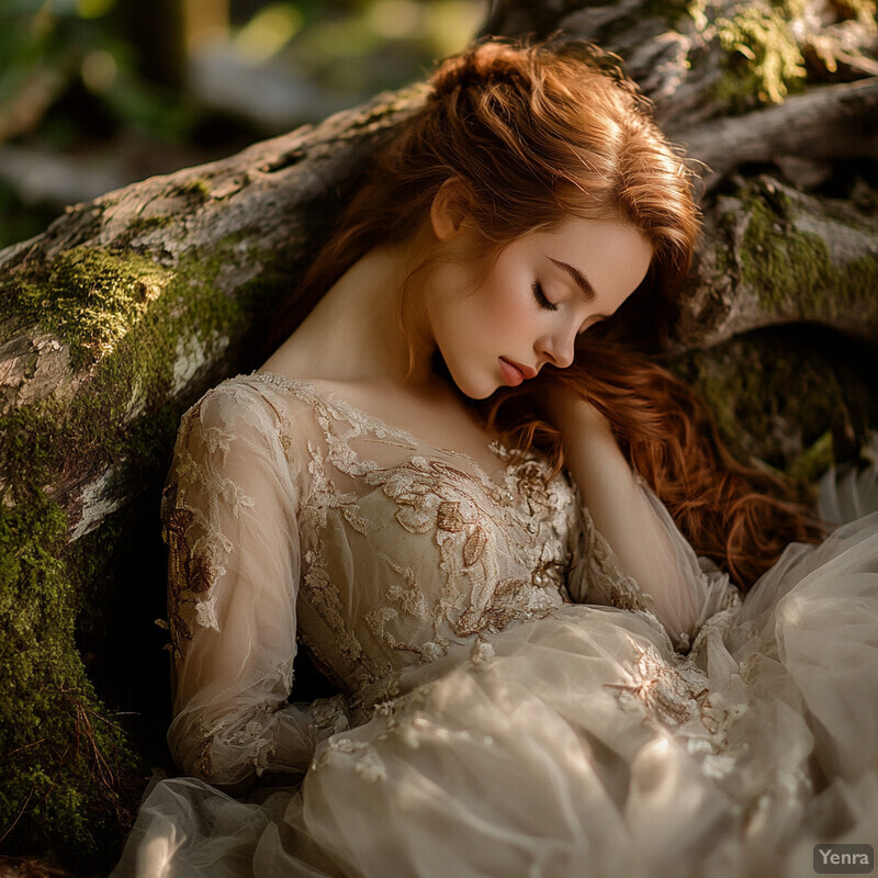 A serene image of a woman in an ethereal gown reclining against a tree trunk in a lush forest.