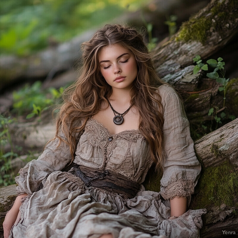 A woman sitting on a log in a forest setting