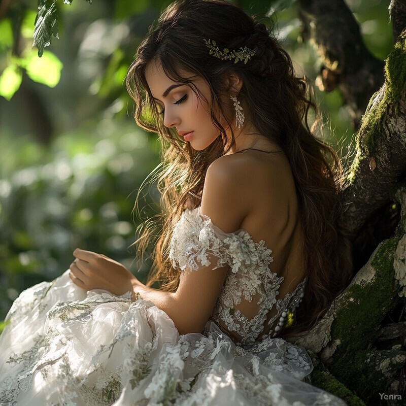 A woman in a wedding dress sits near a tree trunk amidst lush greenery