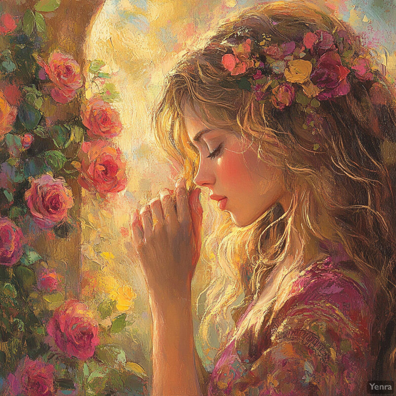 A serene and idyllic painting of a woman surrounded by lush greenery and vibrant flowers.