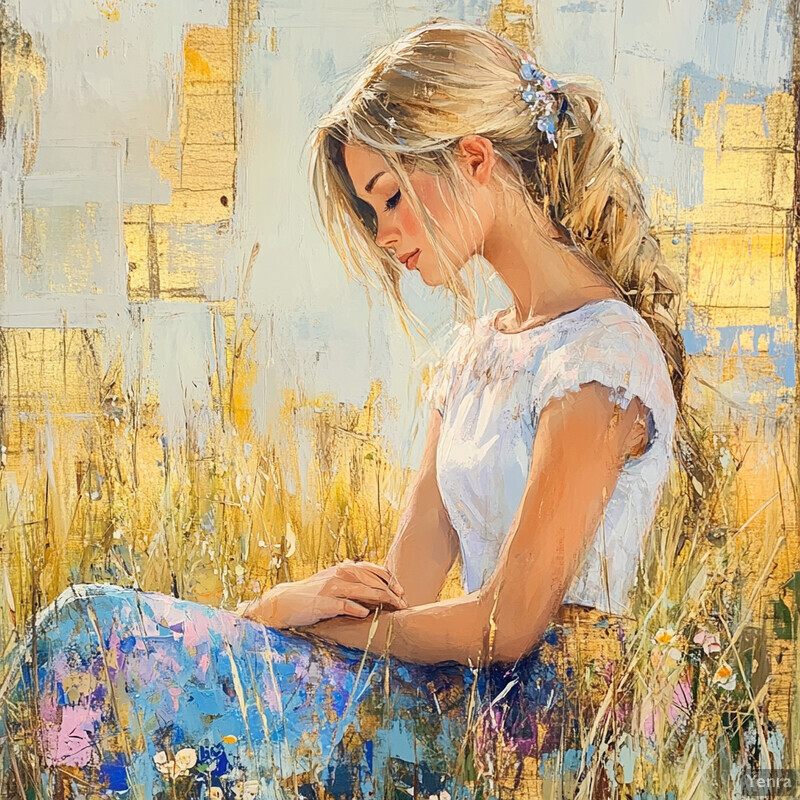 A young woman sitting in a field of tall grass, surrounded by wildflowers, with a soft hazy sky in the background.