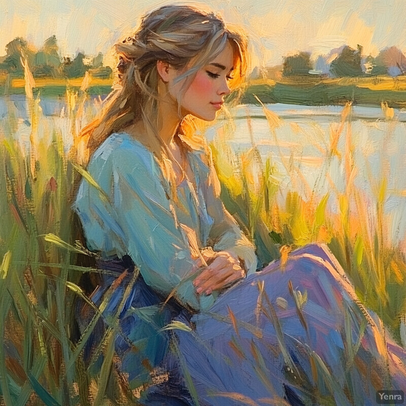 A serene and peaceful painting of a young woman sitting in tall grass, surrounded by nature's beauty.