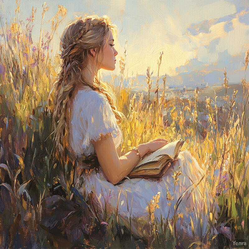 A serene painting of a woman in a field with an open book, surrounded by wildflowers and greenery.