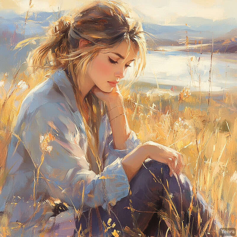 A woman sits in a field of tall grass during golden hour, surrounded by wildflowers and hills in the background.