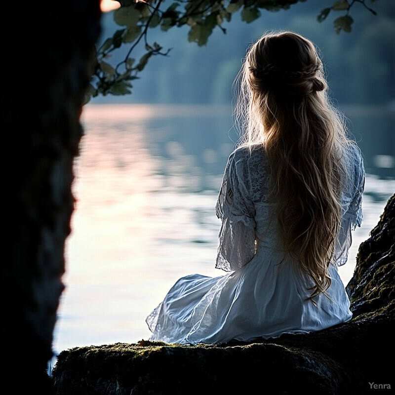 A woman sits on a moss-covered rock near a body of water, gazing out at the calm waters.