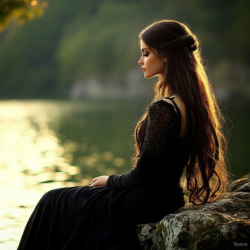 A woman sits on a rock by a lake, surrounded by greenery and trees.