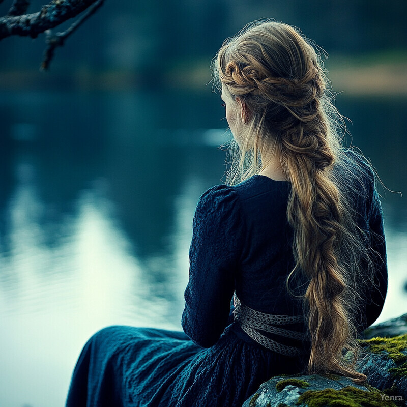 A woman sits on a rock overlooking a lake, dressed in a blue dress and sporting long blonde hair.